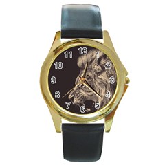 Angry Male Lion Round Gold Metal Watch by Sudhe