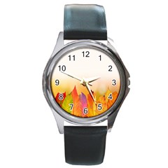 Autumn Leaves Colorful Fall Foliage Round Metal Watch by Sudhe