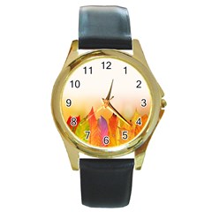 Autumn Leaves Colorful Fall Foliage Round Gold Metal Watch by Sudhe