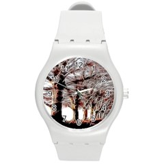 Autumn Fractal Forest Background Round Plastic Sport Watch (m) by Sudhe