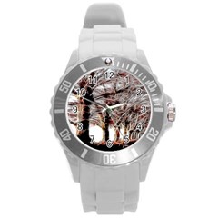 Autumn Fractal Forest Background Round Plastic Sport Watch (l) by Sudhe