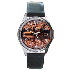 Aurora Sunset Sun Landscape Round Metal Watch by Sudhe