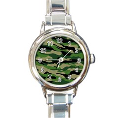 Green Military Vector Pattern Texture Round Italian Charm Watch by Sudhe