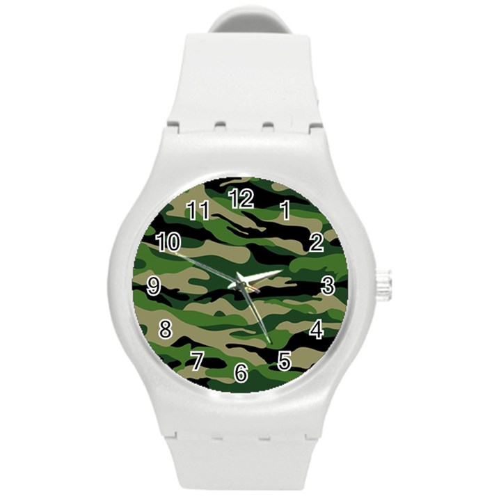 Green Military Vector Pattern Texture Round Plastic Sport Watch (M)