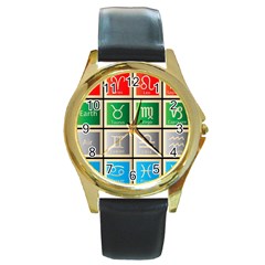 Set Of The Twelve Signs Of The Zodiac Astrology Birth Symbols Round Gold Metal Watch by Sudhe