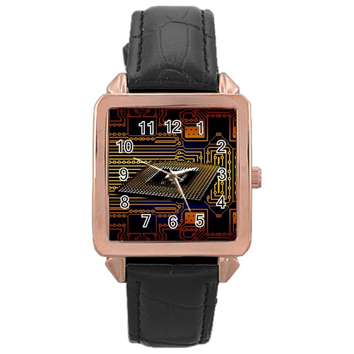 Processor Cpu Board Circuits Rose Gold Leather Watch 