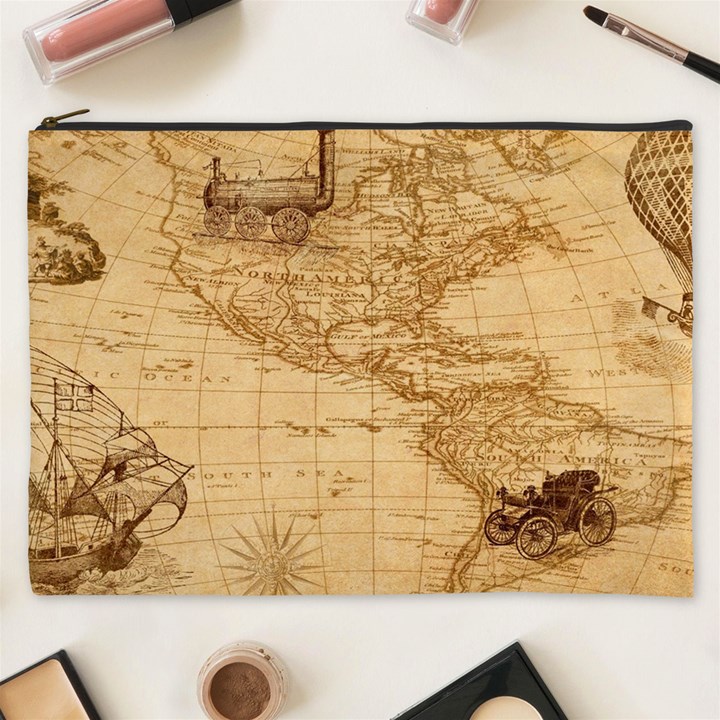 Map Discovery America Ship Train Cosmetic Bag (XXXL)