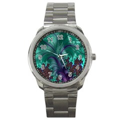 Fractal Turquoise Feather Swirl Sport Metal Watch by Sudhe