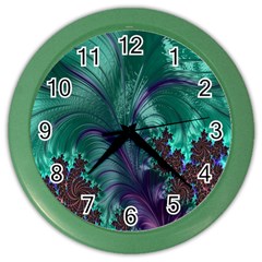 Fractal Turquoise Feather Swirl Color Wall Clock by Sudhe