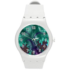 Fractal Turquoise Feather Swirl Round Plastic Sport Watch (m) by Sudhe