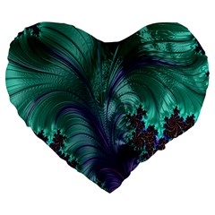 Fractal Turquoise Feather Swirl Large 19  Premium Flano Heart Shape Cushions by Sudhe