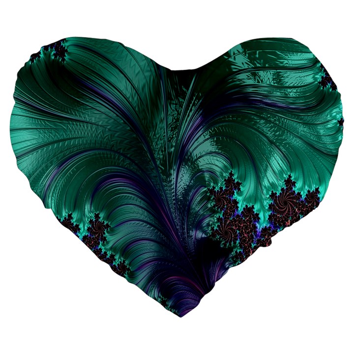 Fractal Turquoise Feather Swirl Large 19  Premium Flano Heart Shape Cushions