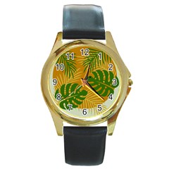 Leaf Leaves Nature Green Autumn Round Gold Metal Watch by Sudhe