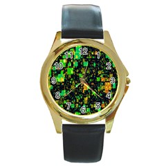 Squares And Rectangles Background Round Gold Metal Watch by Sudhe