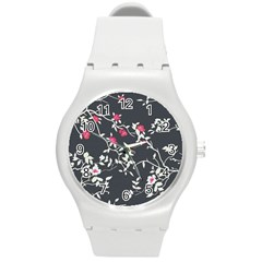 Black And White Floral Pattern Background Round Plastic Sport Watch (m) by Sudhe