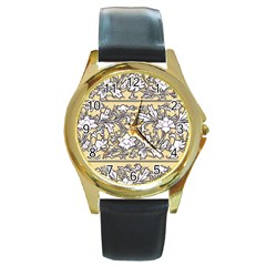 Floral Pattern Background Round Gold Metal Watch by Sudhe