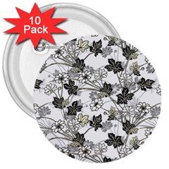 Black And White Floral Pattern Background 3  Buttons (10 Pack)  by Sudhe