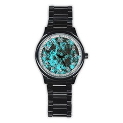 Blue Etched Background Stainless Steel Round Watch by Sudhe