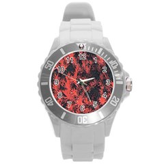 Orange Etched Background Round Plastic Sport Watch (l) by Sudhe