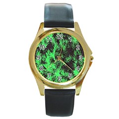 Green Etched Background Round Gold Metal Watch by Sudhe