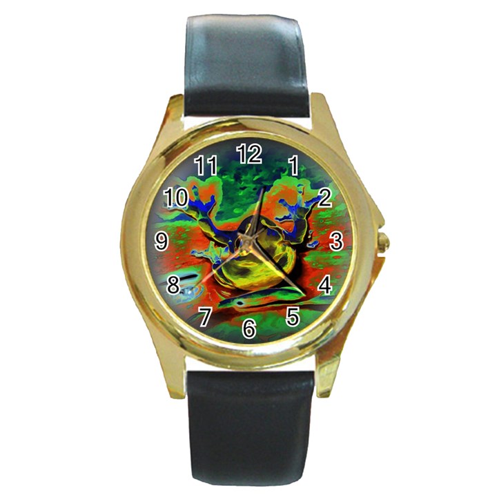 Abstract Transparent Background Round Gold Metal Watch