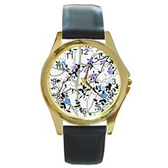 Floral Pattern Background Round Gold Metal Watch by Sudhe