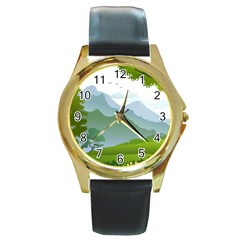 Forest Landscape Photography Illustration Round Gold Metal Watch by Sudhe