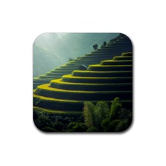 Scenic View Of Rice Paddy Rubber Coaster (square)  by Sudhe