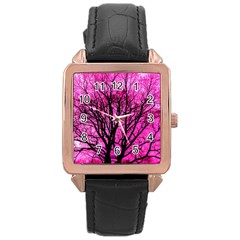 Pink Silhouette Tree Rose Gold Leather Watch  by Sudhe