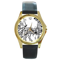 Line Art Drawing Ancient Chariot Round Gold Metal Watch by Sudhe