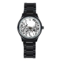 Line Art Drawing Ancient Chariot Stainless Steel Round Watch by Sudhe