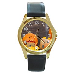 Old Crumpled Pumpkin Round Gold Metal Watch by rsooll