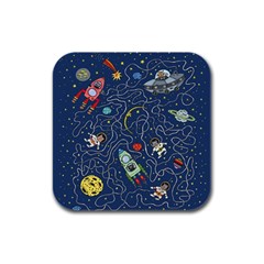 Cat Cosmos Cosmonaut Rocket Rubber Square Coaster (4 Pack) 