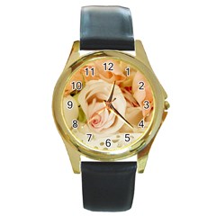 Roses Plate Romantic Blossom Bloom Round Gold Metal Watch by Sudhe