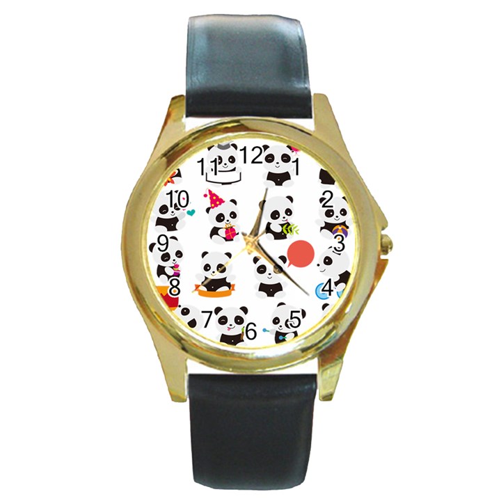 Giant Panda Bear Cuteness Round Gold Metal Watch