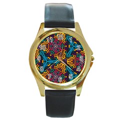 Grubby Colors Kaleidoscope Pattern Round Gold Metal Watch by Pakrebo