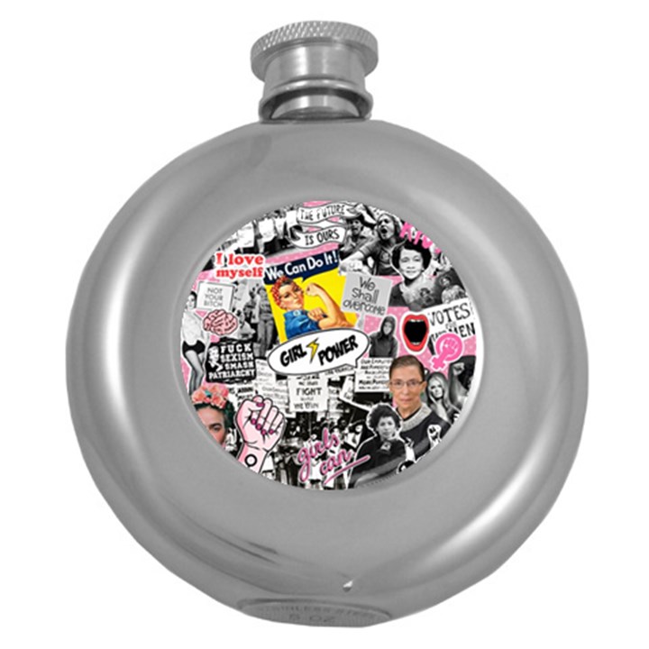 Feminism collage  Round Hip Flask (5 oz)