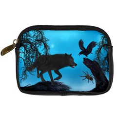 Awesome Black Wolf With Crow And Spider Digital Camera Leather Case