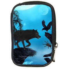 Awesome Black Wolf With Crow And Spider Compact Camera Leather Case by FantasyWorld7