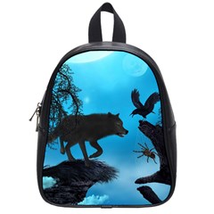 Awesome Black Wolf With Crow And Spider School Bag (small) by FantasyWorld7