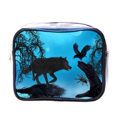 Awesome Black Wolf With Crow And Spider Mini Toiletries Bag (one Side) by FantasyWorld7