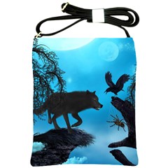 Awesome Black Wolf With Crow And Spider Shoulder Sling Bag by FantasyWorld7