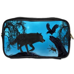 Awesome Black Wolf With Crow And Spider Toiletries Bag (one Side) by FantasyWorld7