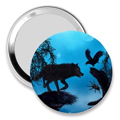 Awesome Black Wolf With Crow And Spider 3  Handbag Mirrors by FantasyWorld7