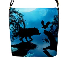 Awesome Black Wolf With Crow And Spider Flap Closure Messenger Bag (l) by FantasyWorld7