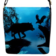 Awesome Black Wolf With Crow And Spider Flap Closure Messenger Bag (s) by FantasyWorld7