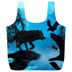 Awesome Black Wolf With Crow And Spider Full Print Recycle Bag (xl) by FantasyWorld7