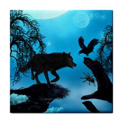 Awesome Black Wolf With Crow And Spider Tile Coasters by FantasyWorld7