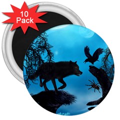 Awesome Black Wolf With Crow And Spider 3  Magnets (10 Pack)  by FantasyWorld7