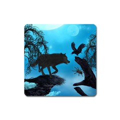 Awesome Black Wolf With Crow And Spider Square Magnet by FantasyWorld7